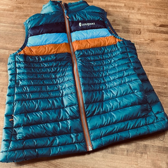 cotopaxi Jackets & Blazers - cotopaxi Teal Packable Down Vest with Blue and Orange Stripes